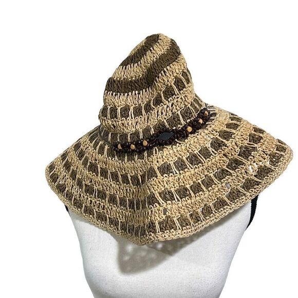 Som-Her packable straw/wicker floppy hat with wooden beads  details - Picture 1 of 4